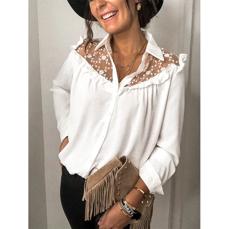 

ThornTree Women Shirt Lace Shoulder Perspective Lapel Collar Female Formal Blouse White Office Lady Work Blouse Elegant Shirts