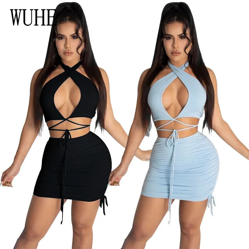 

KEXU Sexy Hollow Out Two Piece Suits Halter Bandage Lace Up Off Shoulder Top Pleated Drawstring Skirts Casual Party Clubwear