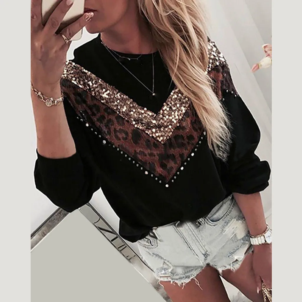 Женская леопардовая блузка с блестками Черная Толстовка длинным рукавом и