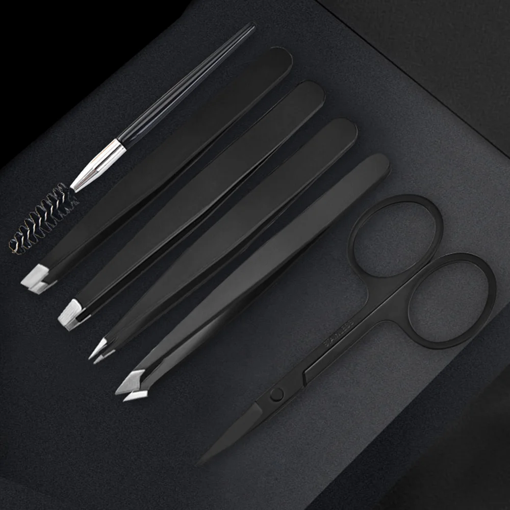 

6 Piece Professional Stainless Steel Eyebrow Tweezers Set Hair Slant Tool Eyebrow Clip Stickers With Case Makeup Tool Set