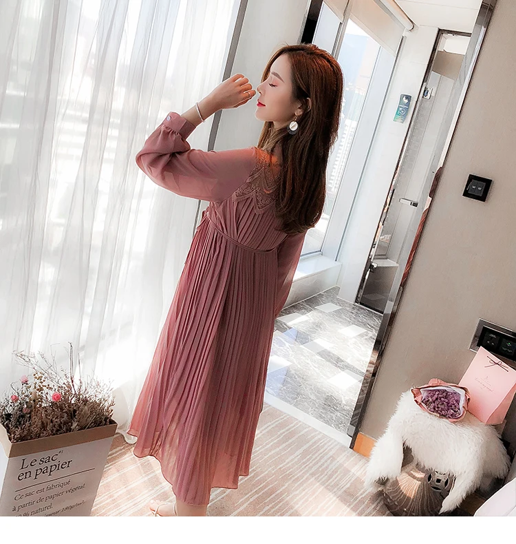 Envsoll Spring Autumn Maternity Dress Mom Long-sleeved Lace Pleated Chiffon Dress Maternity Clothes For Pregnant Women
