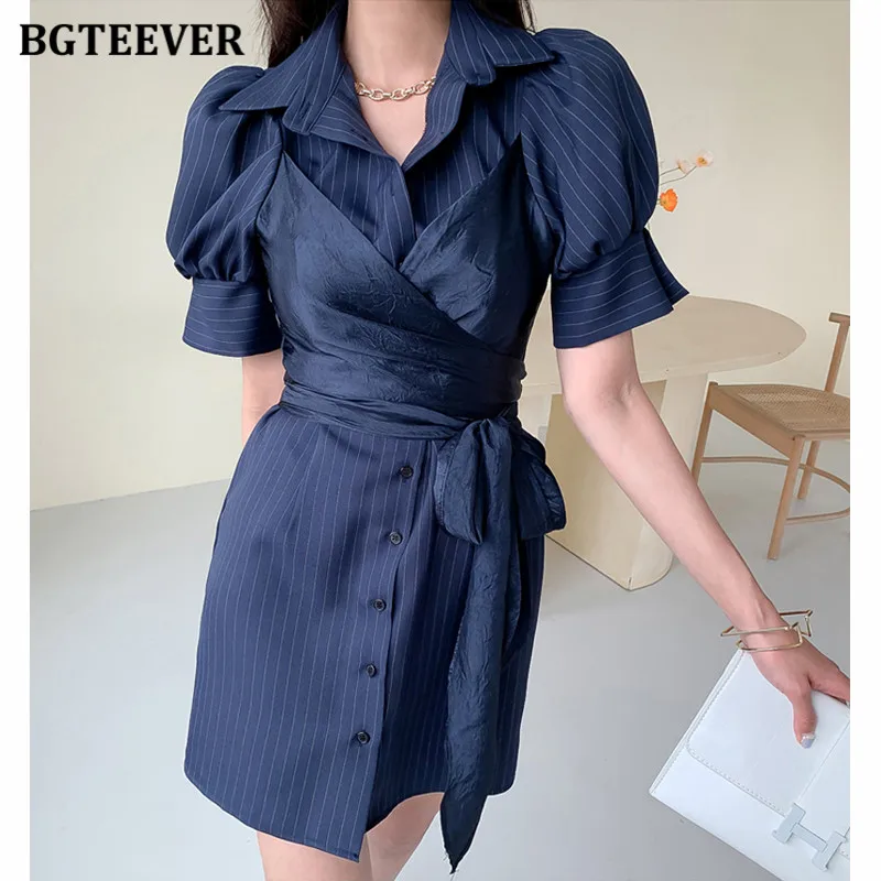 

Женское Короткое платье BGTEEVER, элегантное Полосатое однобортное ТРАПЕЦИЕВИДНОЕ ПЛАТЬЕ с отложным воротником, рукавами-фонариками и притале...