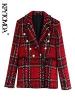 kpytomoa women 2021 fashion double breasted tweed check blazer coat vintage long sleeve frayed tassel female outwear chic tops