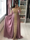 Очаровательные розовые марокканские кафтан формальный вечерние платья 2021 Новое Поступление Золотые кружевные аппликации арабские мусульманские платья для особых случаев