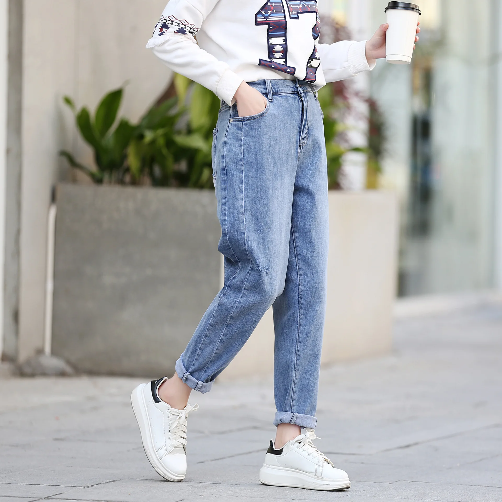 Женские джинсы размера плюс повседневные штаны-шаровары с высокой талией весна