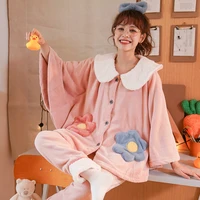 winter pyjamas flannel pajamas women sleepwear keep warm doll collar coral fleece nightgown loose version batwing