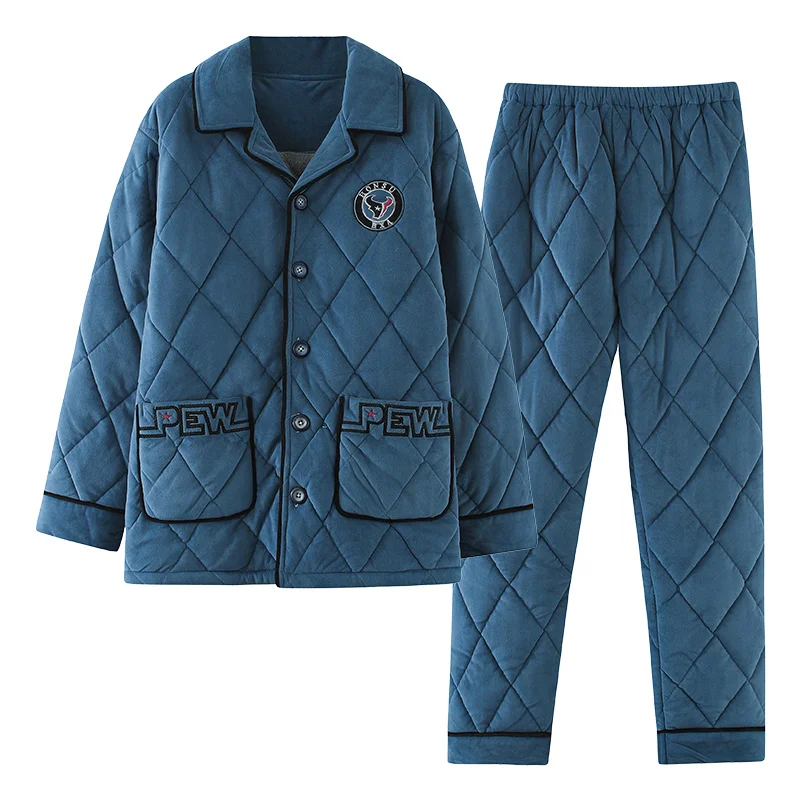 New Winter Thick Warm Men Pajamas Set Long Sleeve Turn-down Collar Casual Soft L-3XL Male Clip Cotton Pyjamas