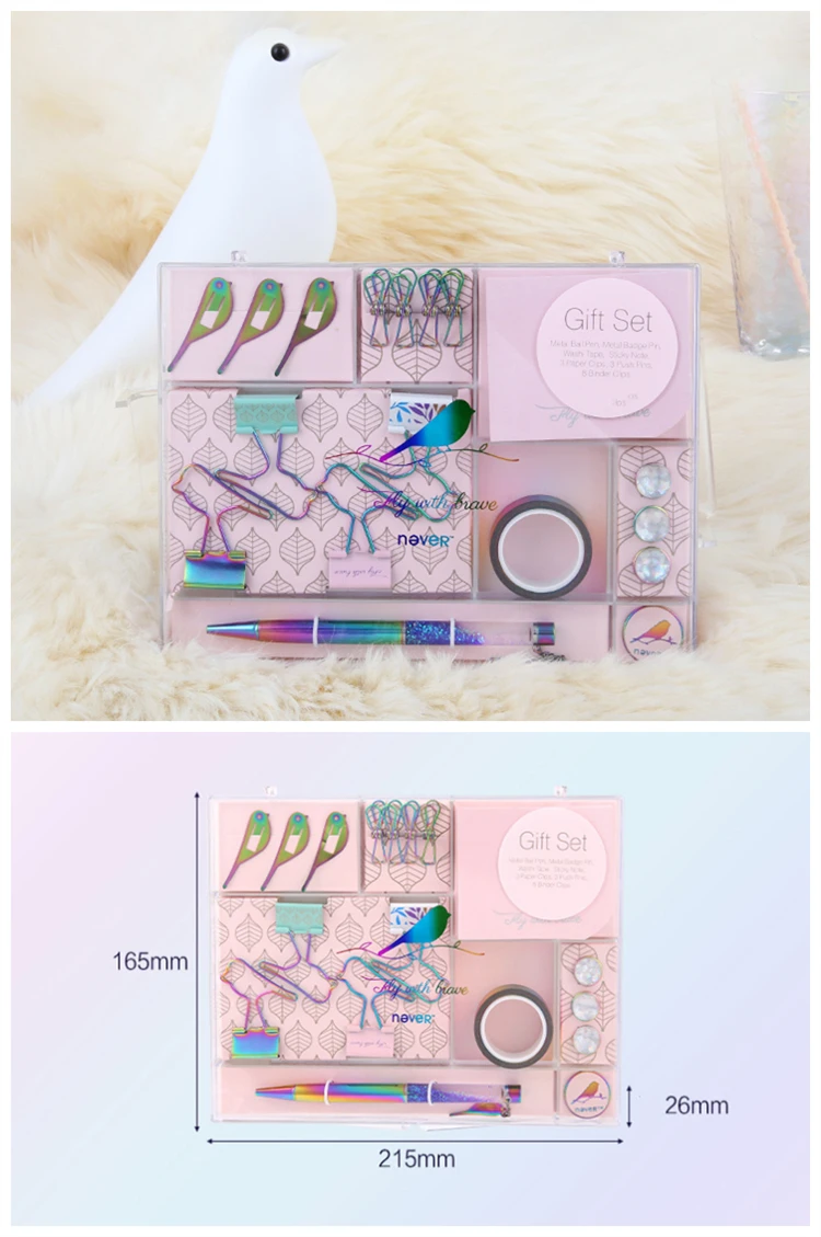 Rainbow Stationery Gift Set Creative Office Supplies Collector Pen Washi Tape Binder Clips Memo Note Cube Value Pack | Канцтовары для