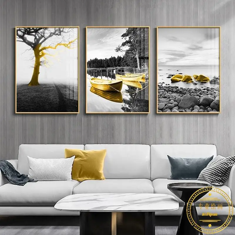 

Nordic Black and White Seascape Canvas Painting Yellow Umbrella Boat Poster and Print Wall Art Pictures for Interior Home Decor