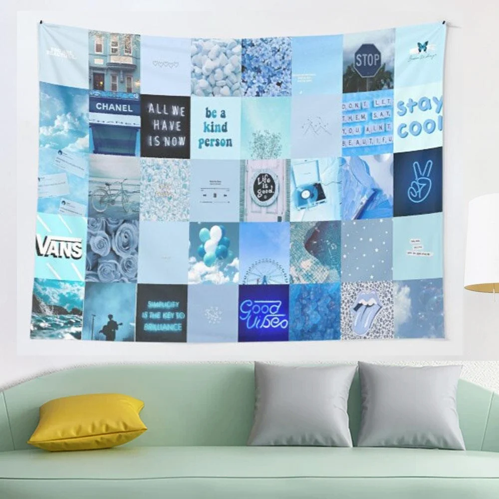 

blue vsco collage tapestry Wall Tapestry Wall Hanging Wall Decor Blanket Bedding Curtain Throw