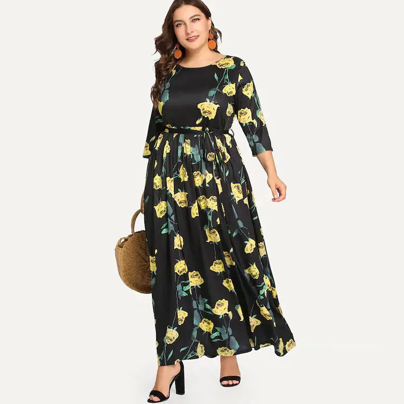 Женский офисный костюм большого размера длинное черное платье с розами размеры L