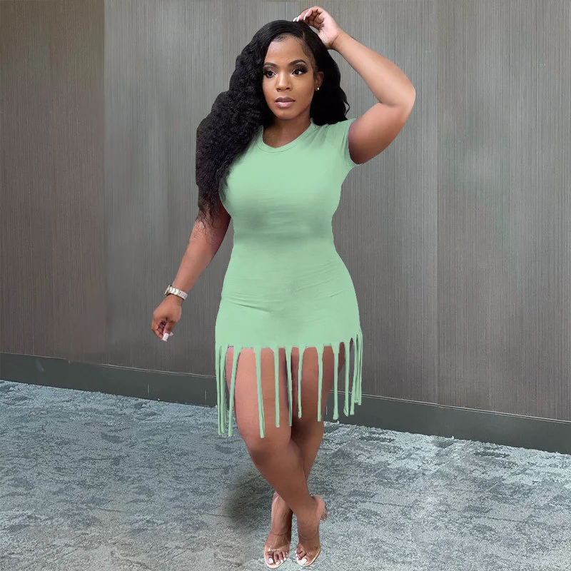 

Women Fashion Tassels Casual Dress Robe Femme O Neck Short Sleeve Bodycon Mini T-Shirt Dresses Female Summer Vestidos Loungewear