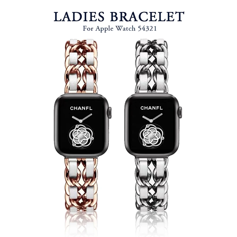 

Band for Apple Watch 5 4 40mm 44mm Watchband Stainless Steel Chain With Leather Bracelet Strap for iwatch Series 3 2 38mm 42mm