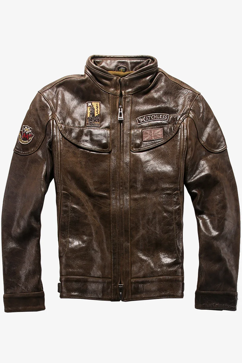 

Fashion motorcycle leather patchwork stand collar slim fit moto biker coat new zealand sheepskin rider jacket men