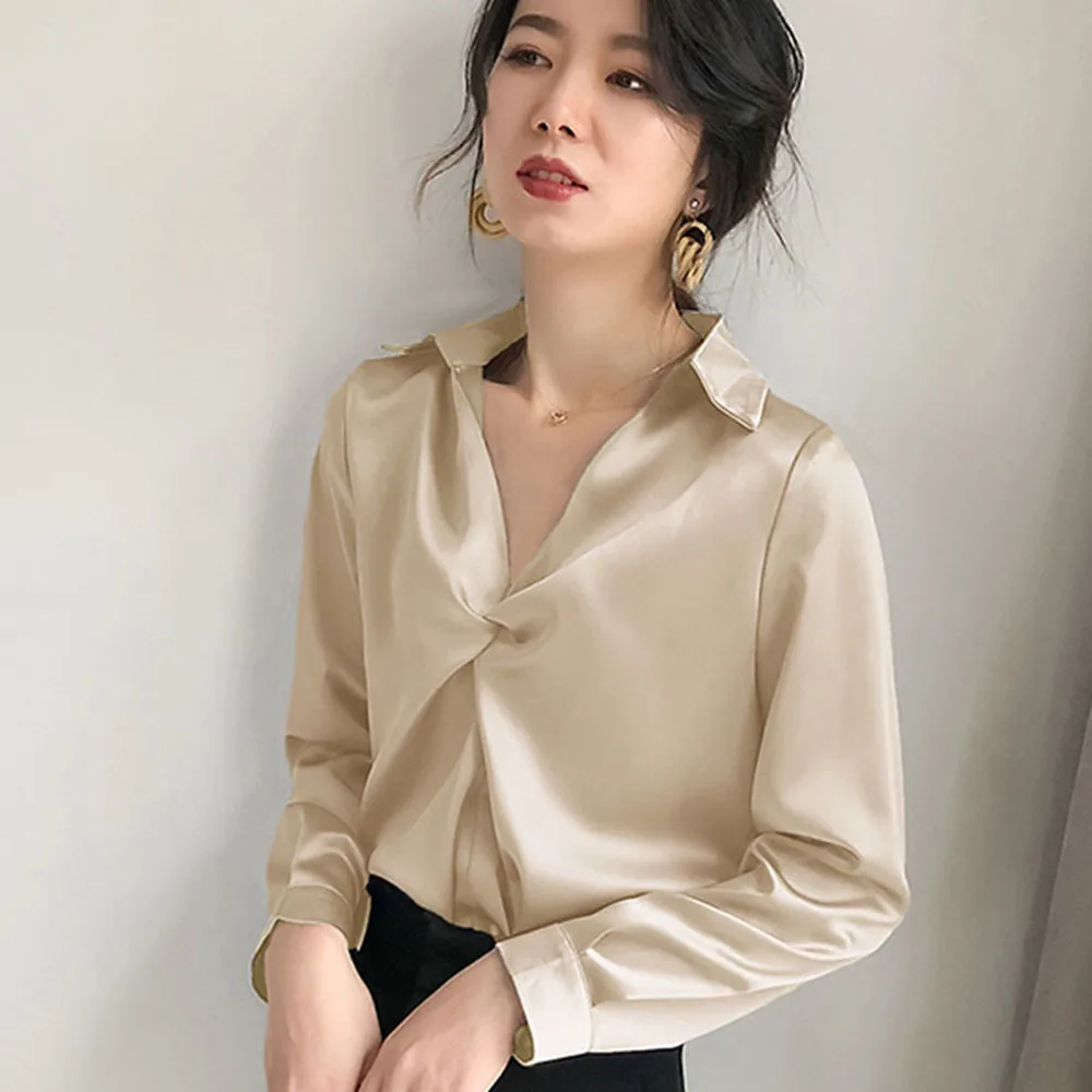 

Fashion Women Elegant 2021 New Summer Silk Long Sleeve Women's Casual Shirt Top Blouses And Shirts Women Tops Plus Size