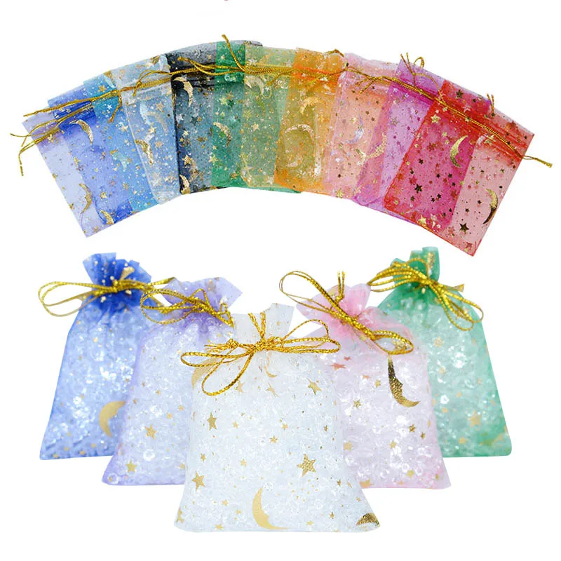 

50pcs 7x9cm Sheer Organza Bags With Moon Star Jewelry Candy Gift Drawable Bag Wedding Birthday Ramadan Kareem Event Party Favors