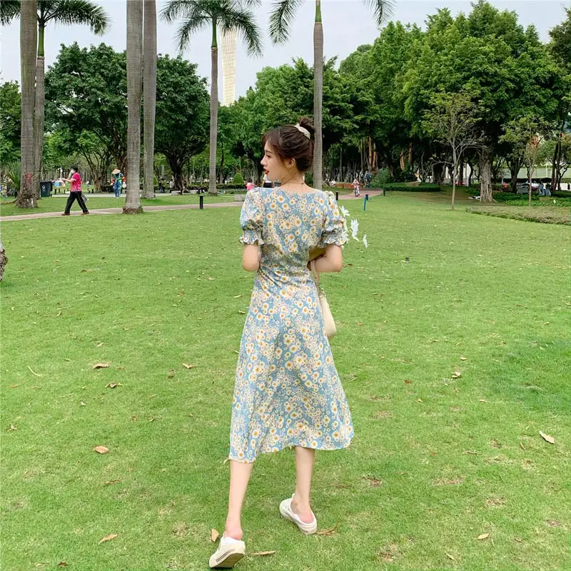 

2021 New Women's Puff Sleeve Midi Dress V Neck Floral Print Female Ruched Dresses Summer Ladies Sweet Side Split Vestidos