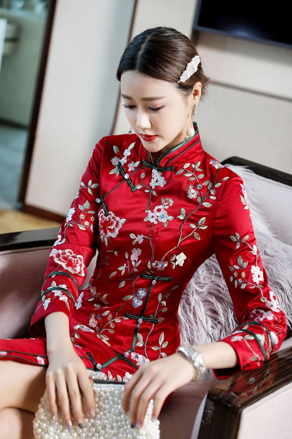 Свадебные вечерние традиционная китайская одежда с цветочной вышивкой qipao для женщин