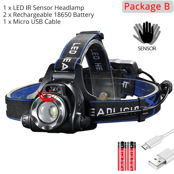 B Индукционный светодиодный налобный фонарь V6/L2/T6 с ИК-датчиком, с зарядкой от USB, для рыбалки/кемпинга, фонарь с батареей 18650 - Испускаемый цвет: B