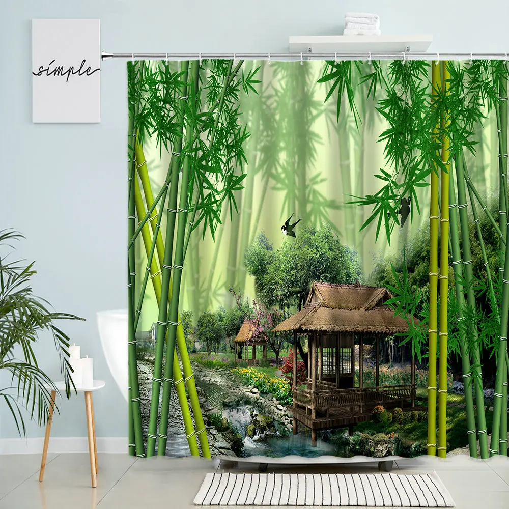 

Bamboo Forest Scenery Shower Curtain Park Garden Green Plants Flowers Creek Spring Natural Landscape Waterproof Bathroom Decor