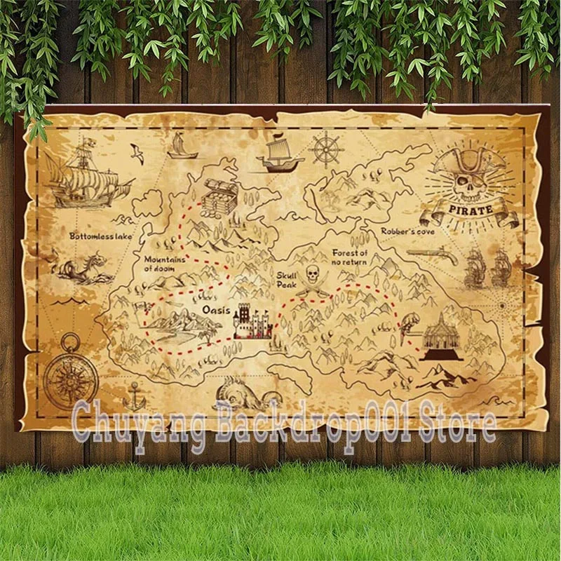 Pirate Treasure World Map Backdrop Kids Happy Birthday Party Photography Background Photo Studio Supplies Decor Banner