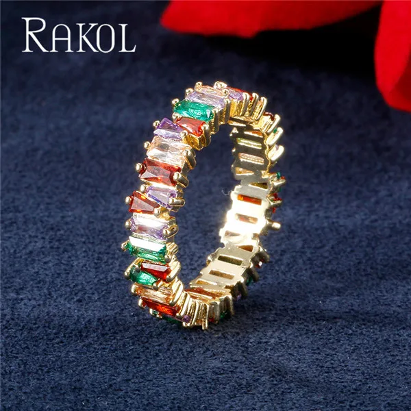 Multicolor Gold RAKOL, новинка, модное, роскошное, очаровательное, AAA, багет, кубический цирконий, обручальное кольцо для женщин, многоцветная, Т-образная форма, Cz камень, вечерние ювелирные изделия - Цвет основного камня: Multicolor Gold