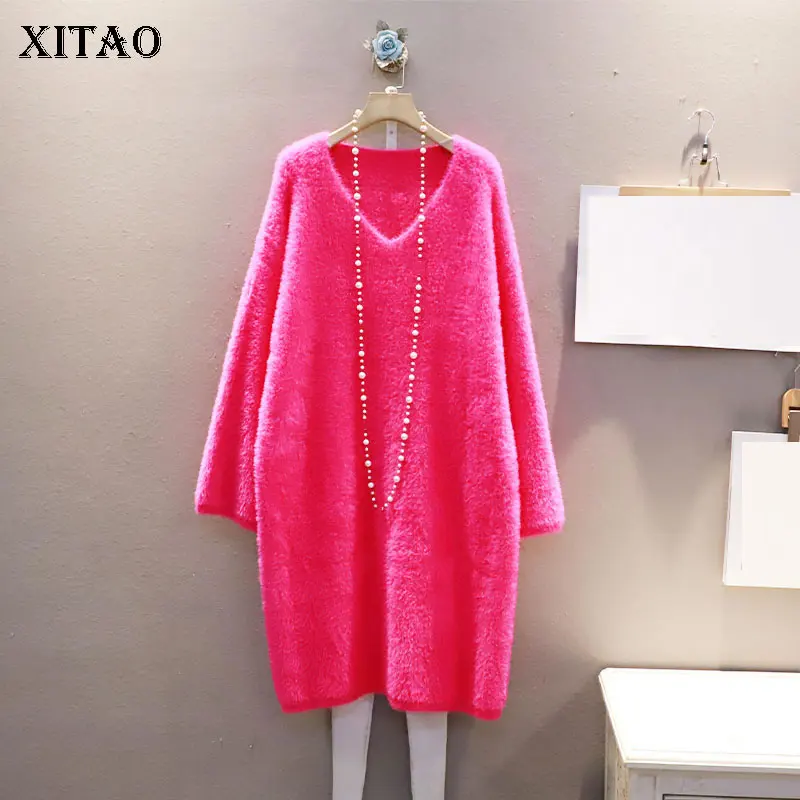 

XITAO Temperament V-neck Dresses Fashion Casual Solid Color All-match Simplicity Loose Long Sleeve Mid-length Women JL0340