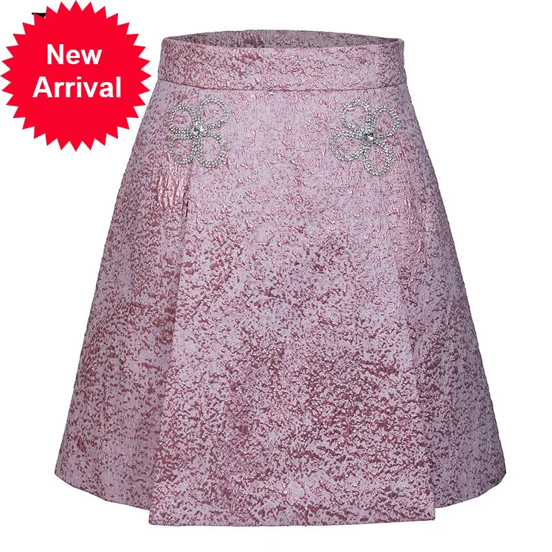 

New 2021 Designer Summer Fashion Pink Jacquard Short Skirts Women Gorgeous Crystal Diamond A-Line Mini Skirts