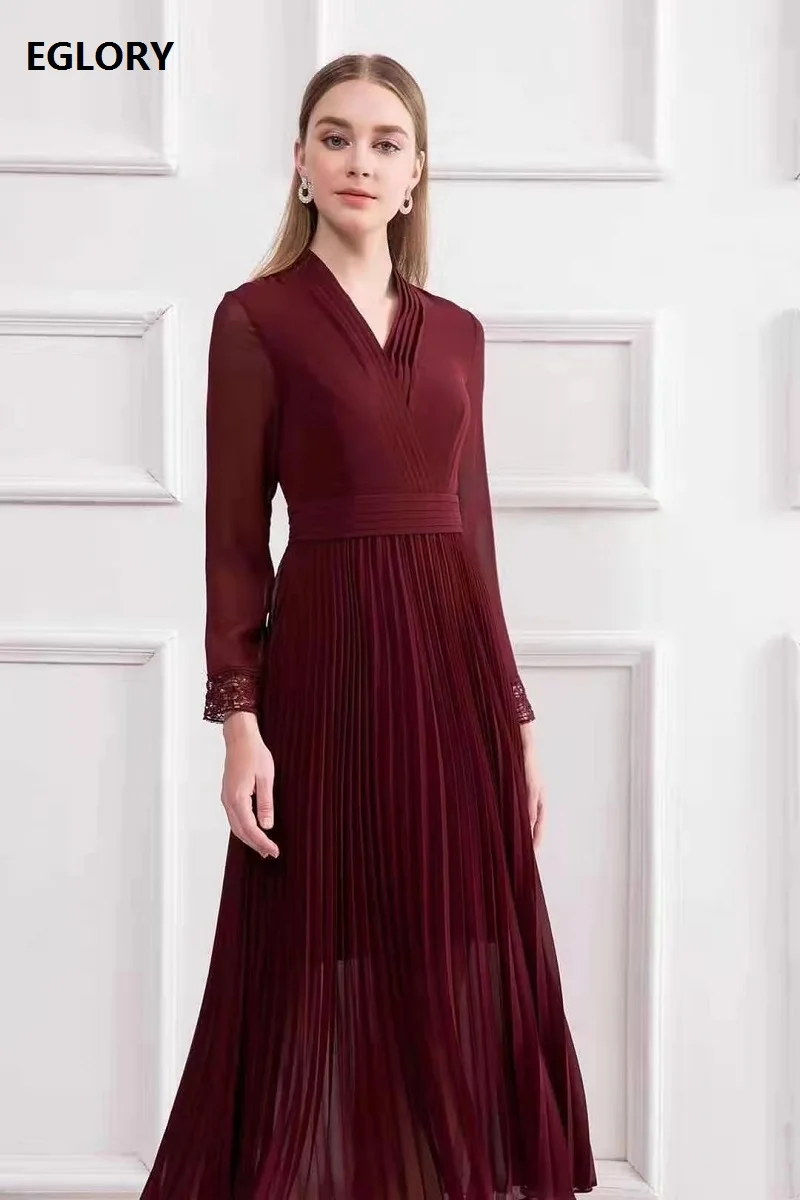 

XXL Dress Vestidos 2020 Spring Party Chic Women V-Neck Hollow Out Embroidery Patchwork Long Sleeve Mid-Calf Pleated Dress Female