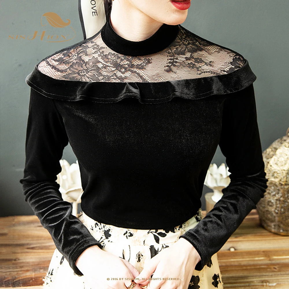 

Женская бархатная блузка с длинным рукавом, Черная кружевная блузка с вышивкой, одежда для осени и зимы, VD2691, 2021