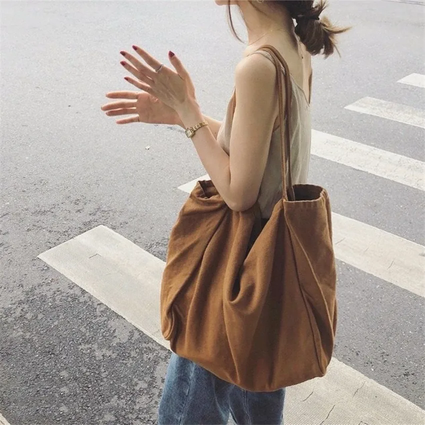 Women Canvas Tote Bag 2021 Solid Color High Capacity for Student Shopping Working All-Match Fashion Brown ins Chic