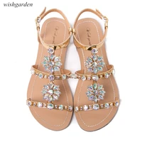 2020 new womens summer bohemia diamond flat sandals lady casual beach rhinestone shining boho shoes plus size peep toe slippers