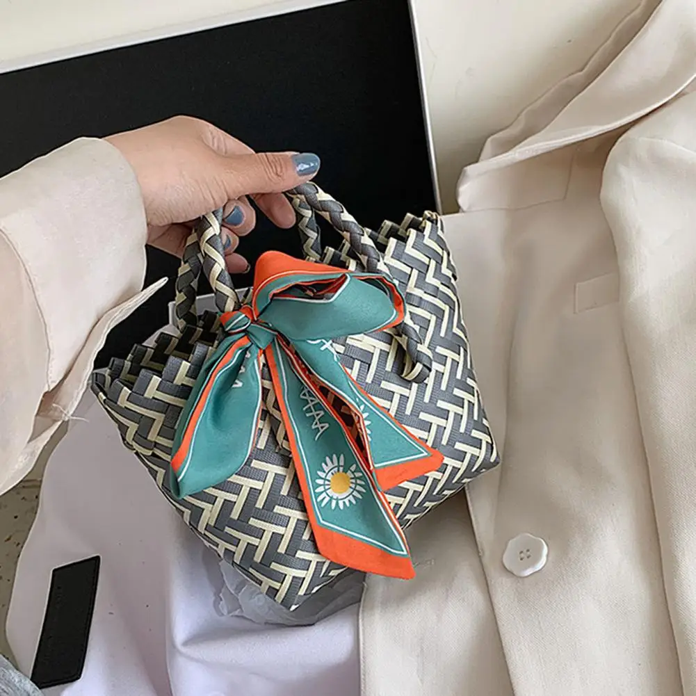 

New Fashion Women Bohemian Scarves Rattan Handbags Wicker Woven Beach Baskets Striped Bag