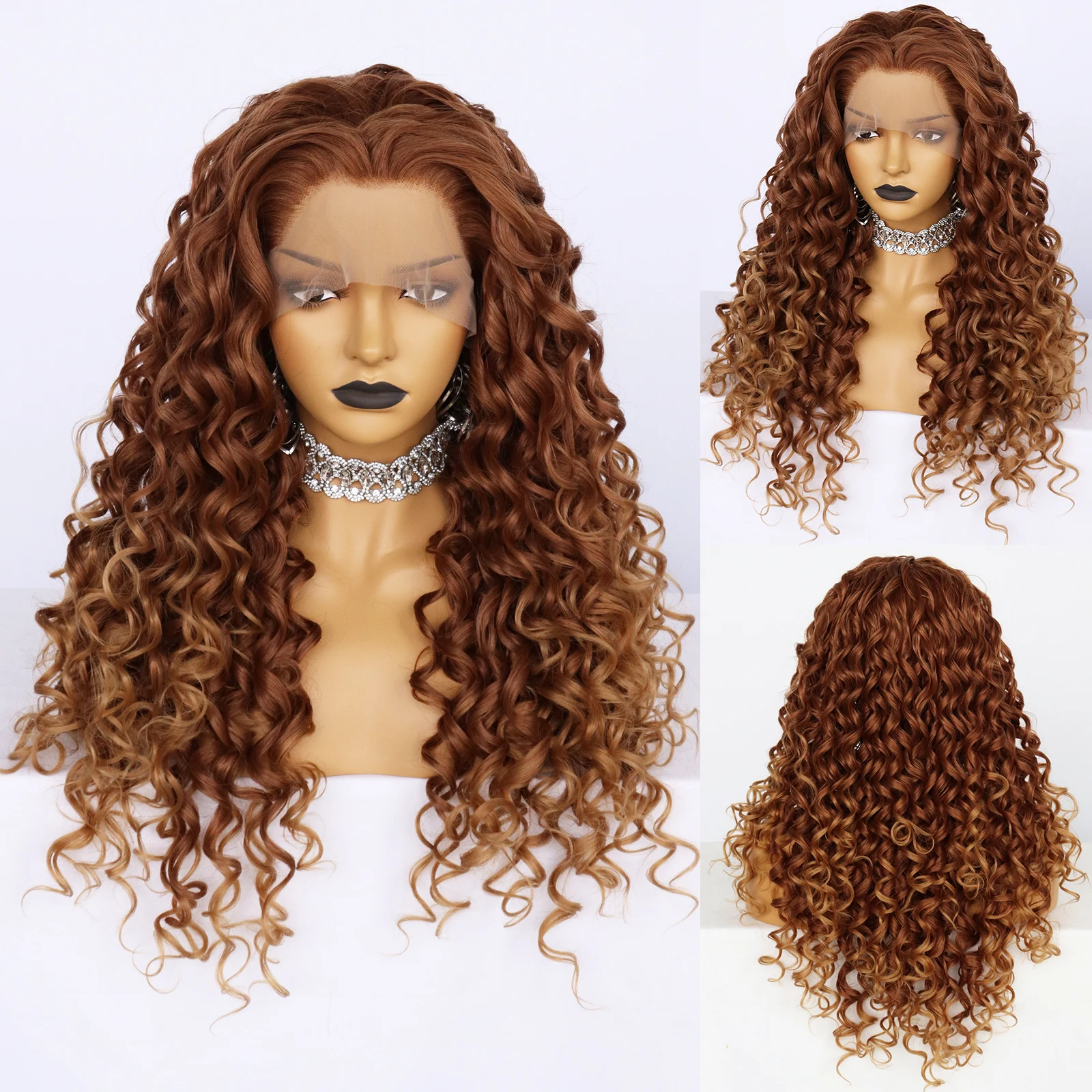 JONETING Long Curly Brown Color Lace Front Fiber Heat Resistant Synthetic Wigs for Women Party