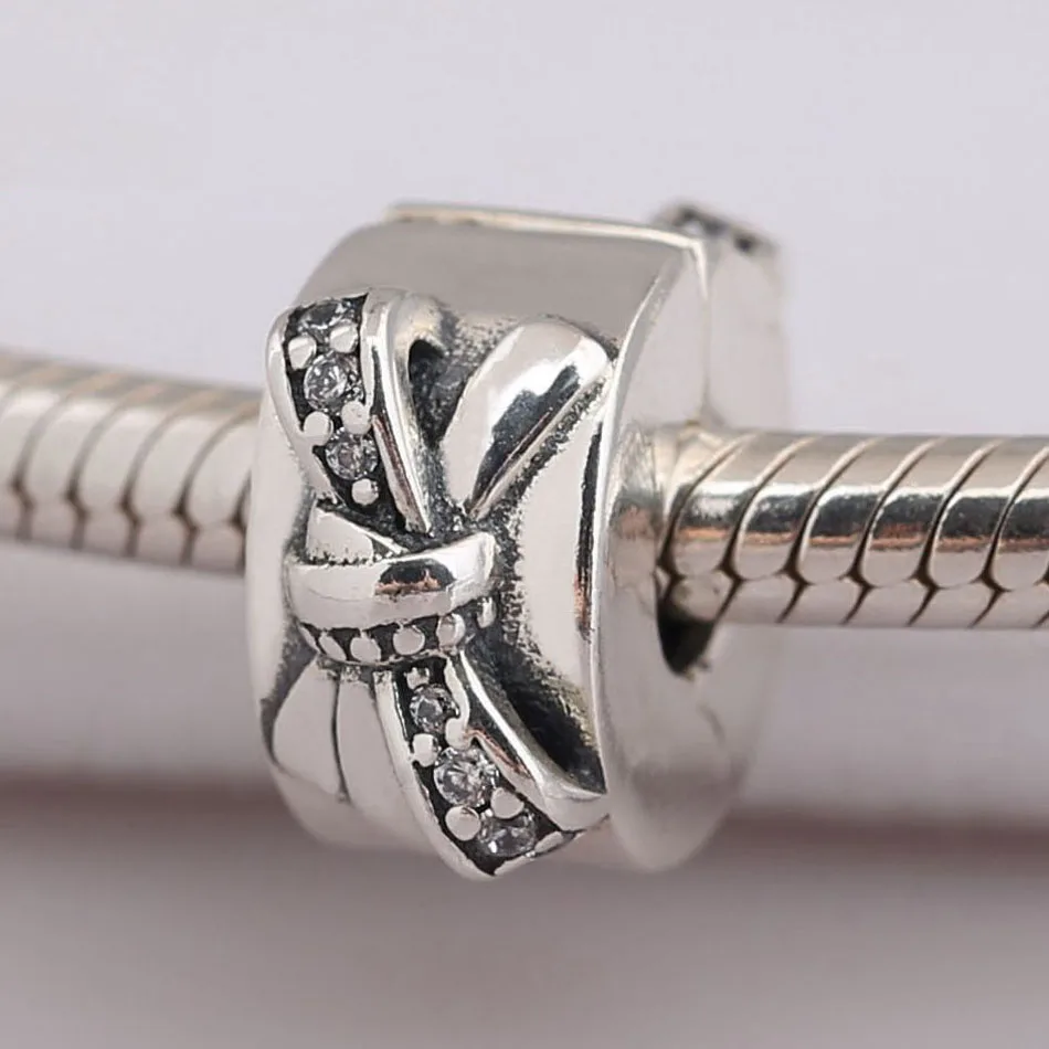 

S925 Silver Bead DIY Jewelry Shiny Bow Clips Charm Stoppers fit Lady Bracelet Bangle Multi-Colored Crystals CZ