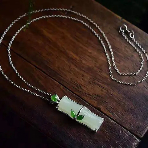 

Natural Hetian Jade White Jade Green Leaf Bamboo S925 Sterling Silver Pendant Festival High Jade Jade Pendant Vintage Silver Je