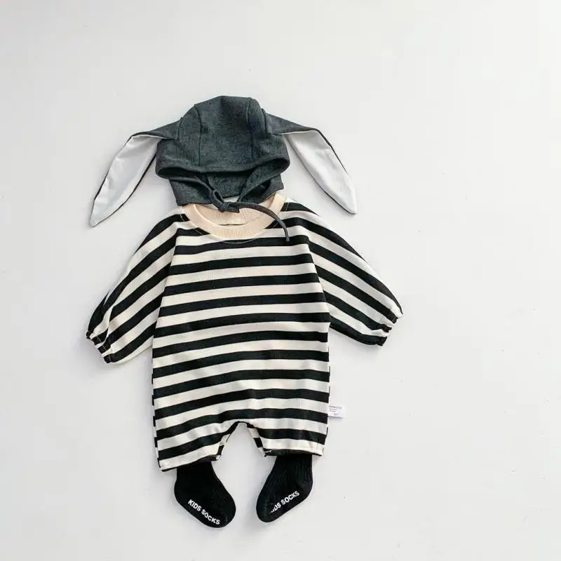 

2022 осенний хлопковый комбинезон в полоску для новорожденных мальчиков и девочек, пуловер с шапкой, повседневный комбинезон для малышей