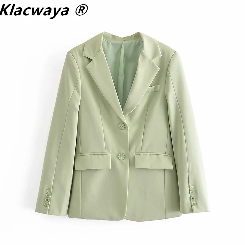 

Klacwaya Women 2021 Fashion Single Breasted Office Wear Blazer Coat Vintage Long Sleeve Flap Pockets Female Outerwear