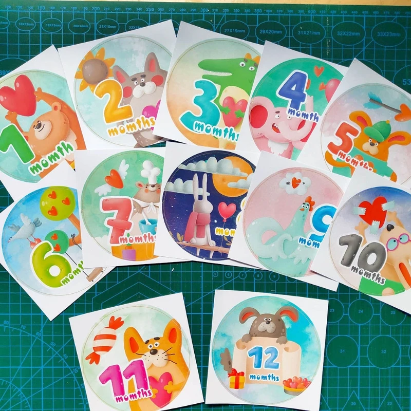 

12 Pcs/Set Baby Pregnant Monthly Stickers Cute Animal Memory Recording Milestone Sticker Newborn Growth Photo Photograph