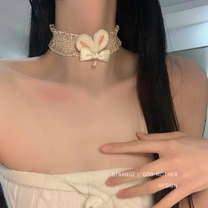 

Lace bow pearl necklace female cute fluffy rabbit choker temperament high grade choker female neck strap choker