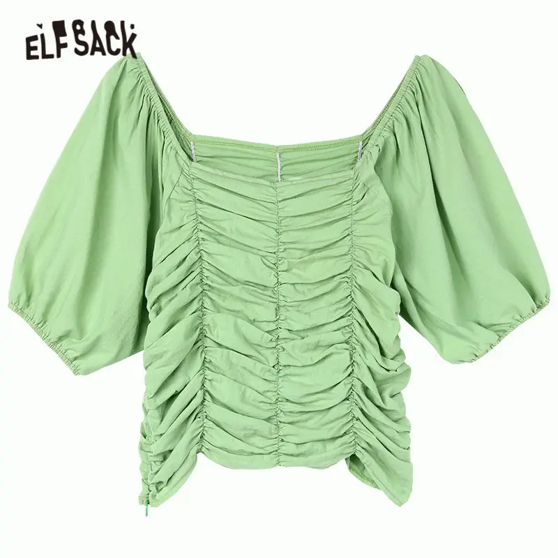 Женская блузка ELFSACK зеленая однотонная Повседневная рубашка с длинным рукавом