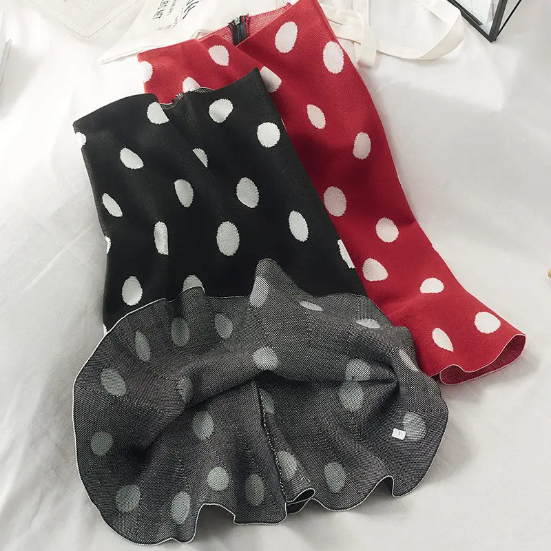 LUOSHA женская трикотажная юбка миди в горошек с оборками Осень-зима 2020 | Женская