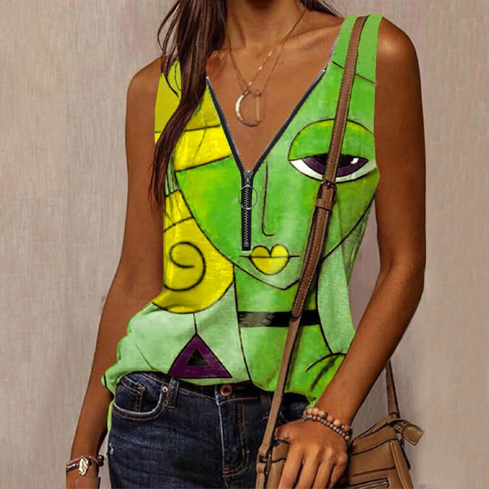 Женские майки Feitong с эстетичным принтом топы без рукавов на молнии V образным