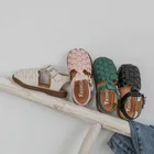 Сандалии для девочек с закрытым носком, однотонные плетеные босоножки на плоской подошве, D01254, лето 2020
