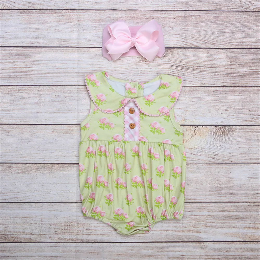 

Comfortable Pure Cotton Baby Girls Jumpsuit Green Sleeveless Printed Triangular Children Boutique Romper
