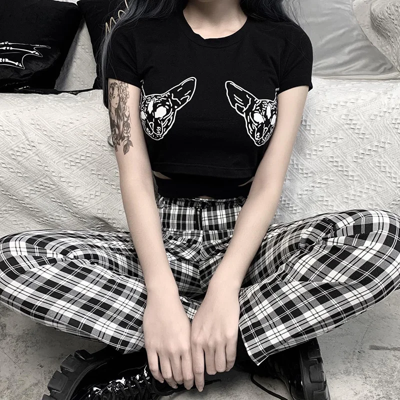 

O Neck Cotton Printed Crop Top Female Gothic Bandage Slim Fit Hollow Women's New Fashion Summer Short Sleeves Out Black T-shirt