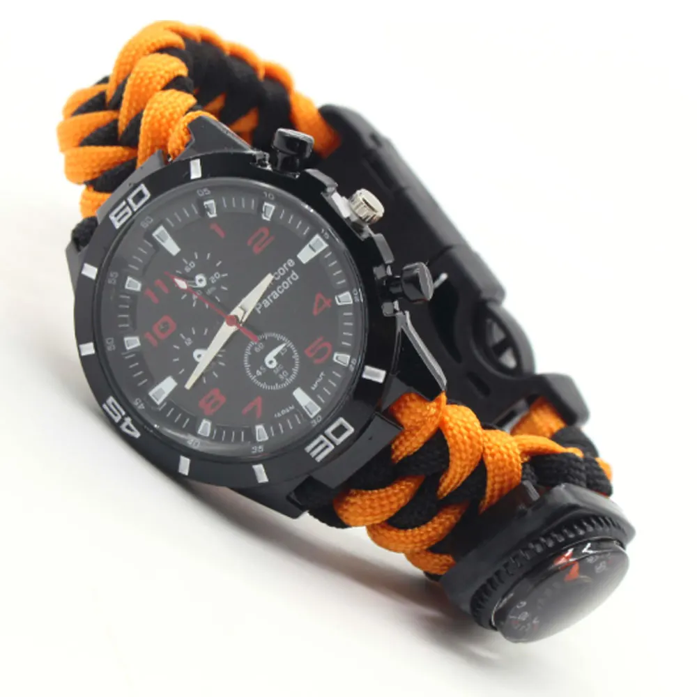 orange black Многофункциональные часы для выживания, открытый компас, термометр, спасательный Паракорд, браслет, свисток для кемпинга, походов, военных путешествий - Цвет: orange black