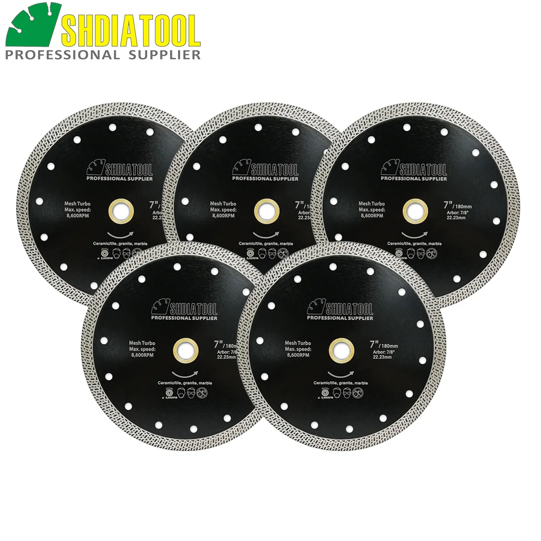 

SHDIATOOL 5 шт. диаметр 7 дюймов горячепрессованная Спеченная сетка турбо алмазный пильный диск 180 мм сухой или влажный режущий диск алмазный диск для плитки мрамора