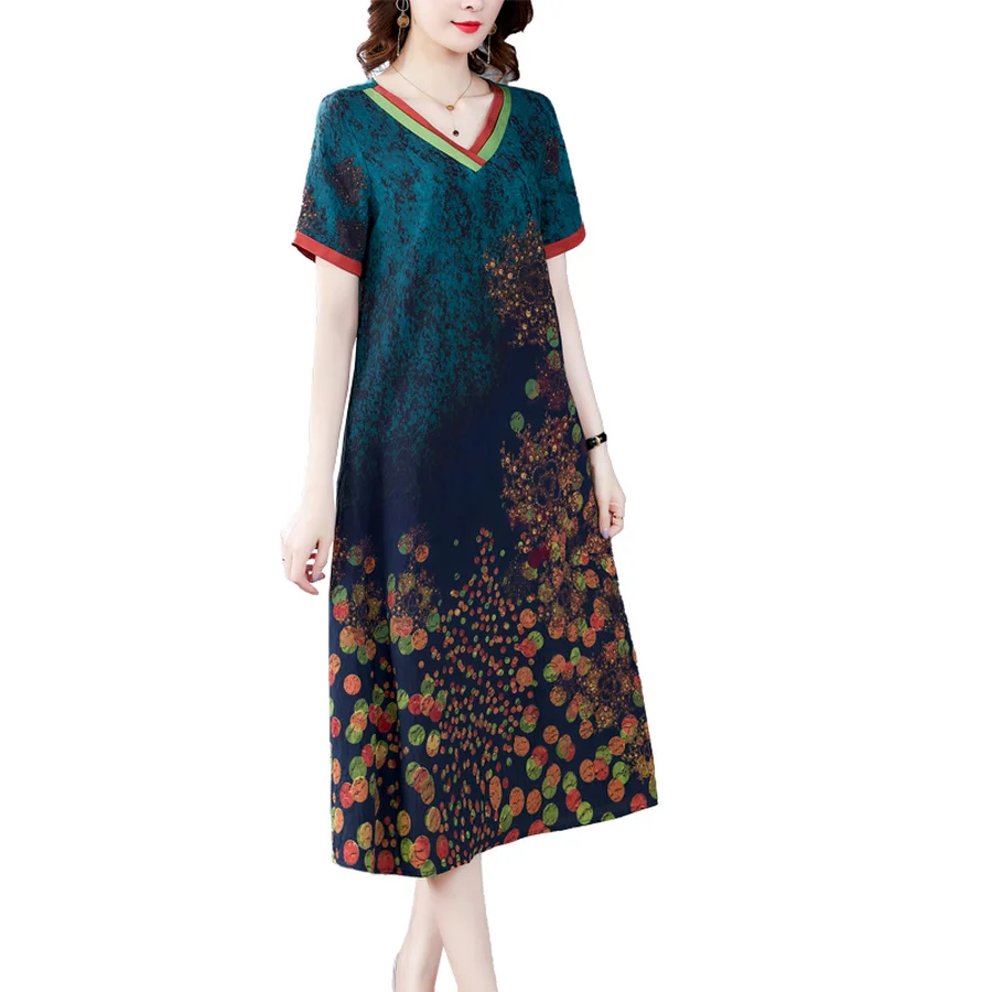 

Vintage Summer Print Mulberry Silk V-Neck Midi Dresses 2021 Fashion Elegant 4XL Plus Size Sundress Female Bodycon Party Vestidos