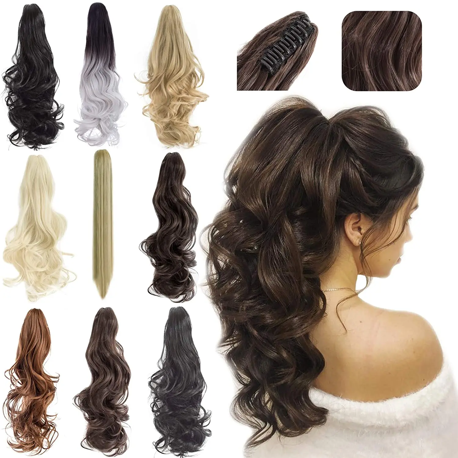 

Long Wavy Claw on Hair Tail False Hair 22 inch Ponytail Hairpiece Synthetic Drawstring Wave Black Fake Hair for Women